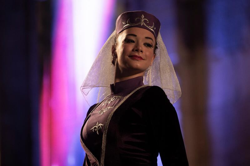 A Circassian dancer from Al-Jeel Al-Jadeed Club (the New Generation Club) performs during the 2019 Jerash Festival of Culture and Arts at the Jerash archeological site, Jerash, some 46 km North of Amman, Jordan.  EPA