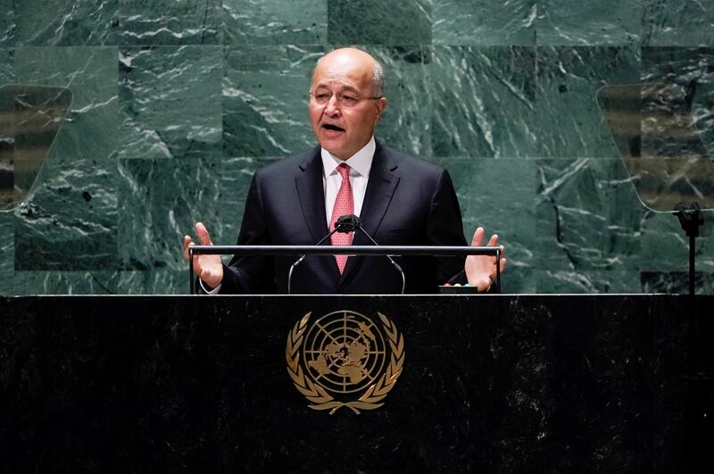 Iraqi President Barham Salih speaks during the 76th Session of the UN General Assembly in New York. Reuters