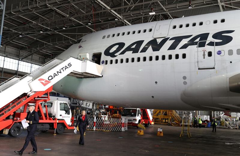 Qantas celebrates the departure of its last 747 jumbo jet from the Sydney Airport. Reuters