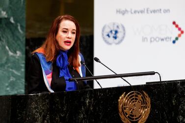 President of the UN General Assembly, Maria Fernanda Espinosa, speaks during the high-level event 'Women in Power' in the General Assembly Hall at the United Nations headquarters in New York, New York, USA, 12 March 2019. EPA