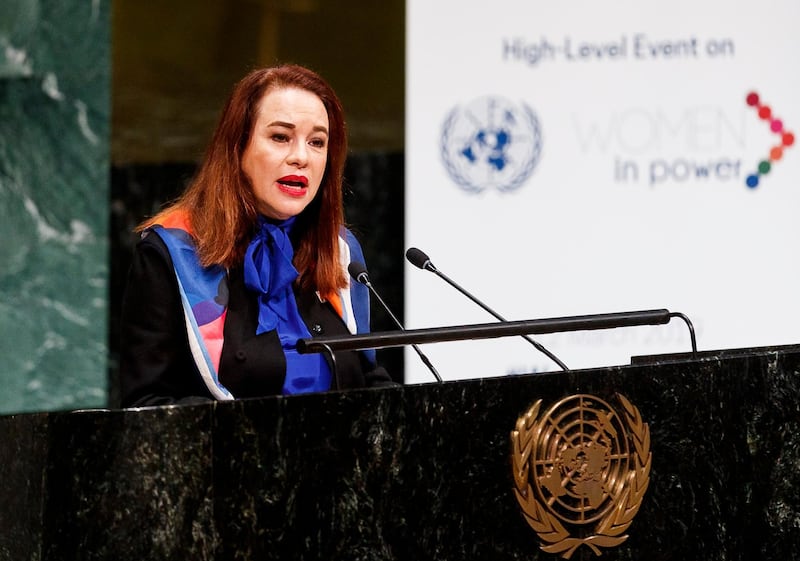 epa07431410 Maria Fernanda Espinosa Garces, President of the General Assembly, speaks during the high-level event 'Women in Power' in the General Assembly Hall at the United Nations headquarters in New York, New York, USA, 12 March 2019. The event gathered delegates from around the world to discuss women's roles in leadership positions and ways to address issues of gender inequity.  EPA/JUSTIN LANE