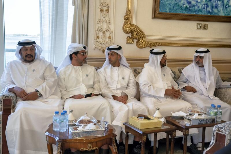 ABU DHABI, UNITED ARAB EMIRATES - October 08, 2018: (L-R) HH Sheikh Saeed bin Mohamed Al Nahyan, HH Sheikh Hamed bin Zayed Al Nahyan, Chairman of the Crown Prince Court of Abu Dhabi and Abu Dhabi Executive Council Member, HH Sheikh Khaled bin Zayed Al Nahyan, Chairman of the Board of Zayed Higher Organization for Humanitarian Care and Special Needs (ZHO), HH Sheikh Mohamed bin Butti Al Hamed and HH Sheikh Nahyan bin Mubarak Al Nahyan, UAE Minister of State for Tolerance, attend a Sea Palace barza.

( Hamad Al Kaabi / Crown Prince Court - Abu Dhabi )
---