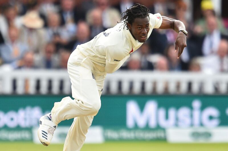 England's Jofra Archer bowls during play on the fifth day of the second Ashes cricket Test match between England and Australia at Lord's Cricket Ground in London on August 18, 2019. RESTRICTED TO EDITORIAL USE. NO ASSOCIATION WITH DIRECT COMPETITOR OF SPONSOR, PARTNER, OR SUPPLIER OF THE ECB
 / AFP / Glyn KIRK                           / RESTRICTED TO EDITORIAL USE. NO ASSOCIATION WITH DIRECT COMPETITOR OF SPONSOR, PARTNER, OR SUPPLIER OF THE ECB

