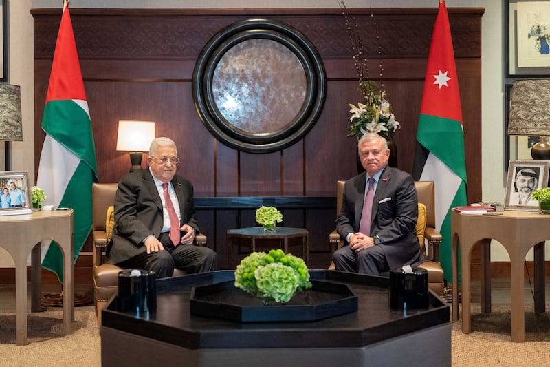Jordan's King Abdullah and Palestinian President Mahmoud Abbas in Amman, October 12, 2023.  Royal Hashemite Court.