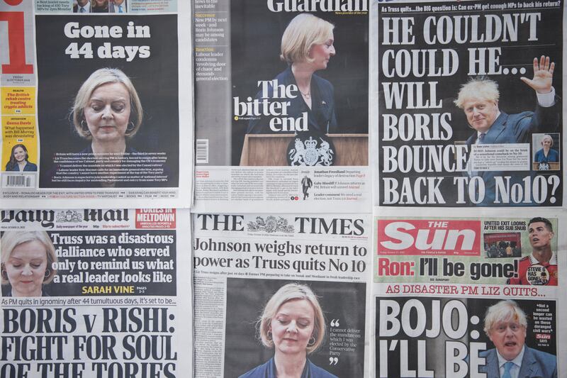 British national newspapers reacting to the resignation of Liz Truss as UK prime minister last Friday. AP Photo