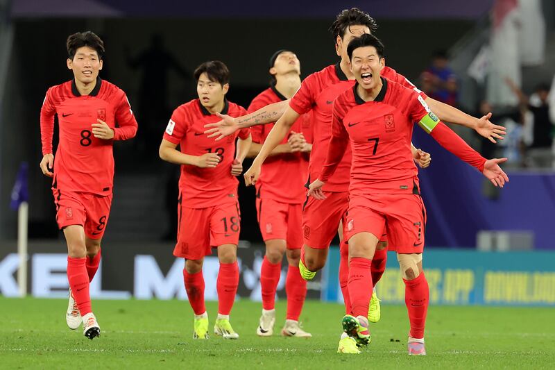 Son Heung-min of South Korea and teammates celebrate victory after the penalty shootout. Getty Images