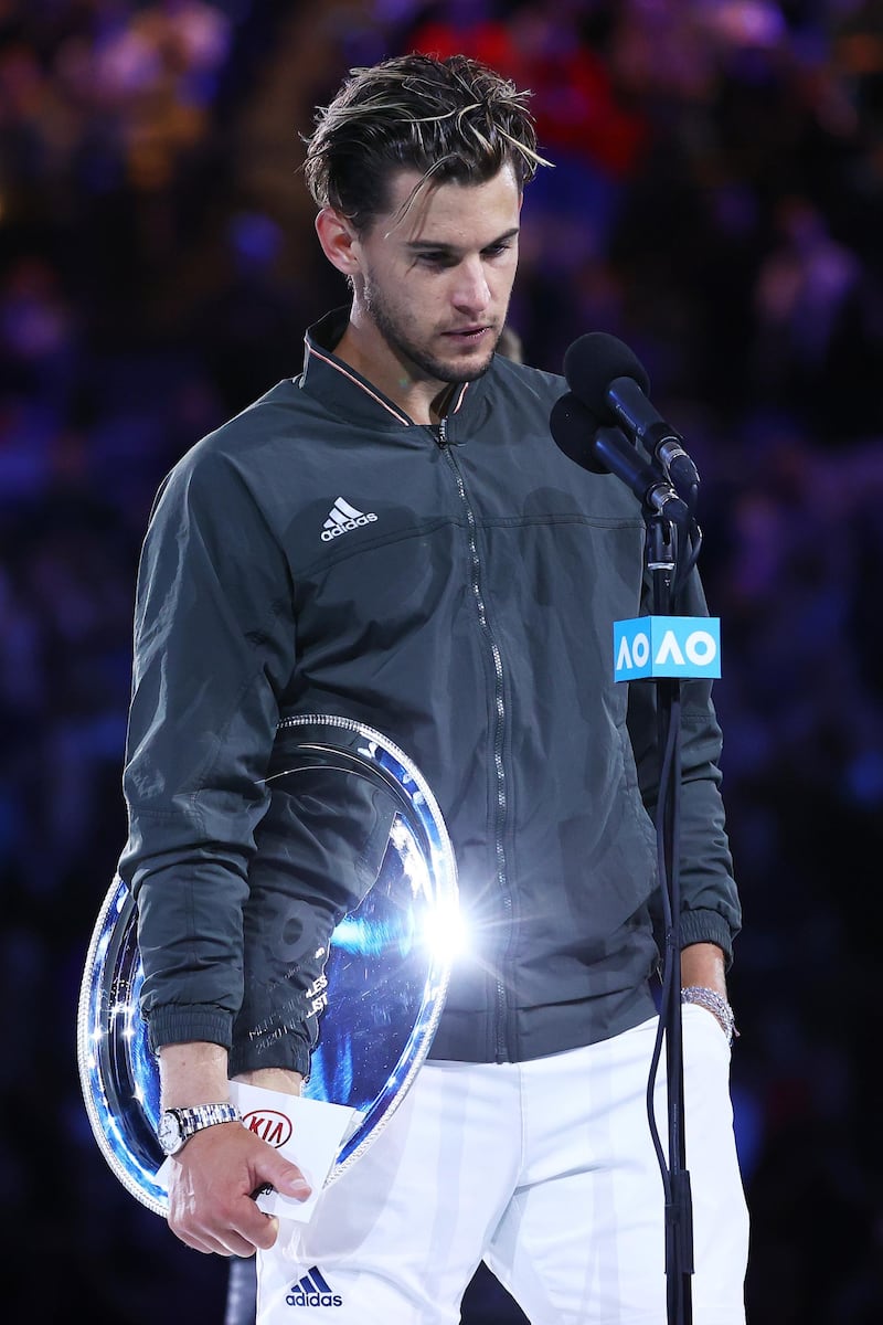 A despondent Dominic Thiem with the runner-up plate. Getty