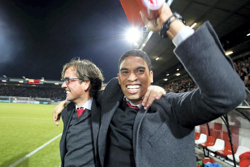 epa05254934 Trainer Alex Pastoor (L) and assistant Michael Reiziger of Sparta Rotterdam celebrate after winning the Jupiler League soccer match between Sparta Rotterdam and Jong Ajax, at the Sparta Stadium in Rotterdam, The Netherlands, 11 April 2016. The victory means Sparta Rotterdam were crowned champions of the Jupiler League.  EPA/Kay int Veen *** Local Caption *** 52696348