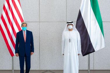 US Special Presidential Envoy for Climate John Kerry with Dr Sultan Al Jaber, the Special Envoy for Climate Change and Minister of Industry and Advanced Technology in Abu Dhabi. The US envoy met with his UAE counterpart as he returned to the capital. Wam