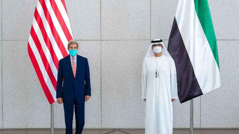 US Special Presidential Envoy for Climate John Kerry with Dr Sultan Al Jaber, the Special Envoy for Climate Change and Minister of Industry and Advanced Technology in Abu Dhabi. The US envoy met with his UAE counterpart as he returned to the capital. Wam