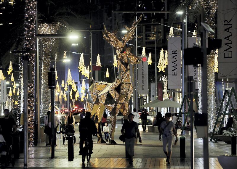 Dubai, December, 17, 2018:  Christmas lights decorations at the boulevard downtown in Dubai . Satish Kumar/ For the National