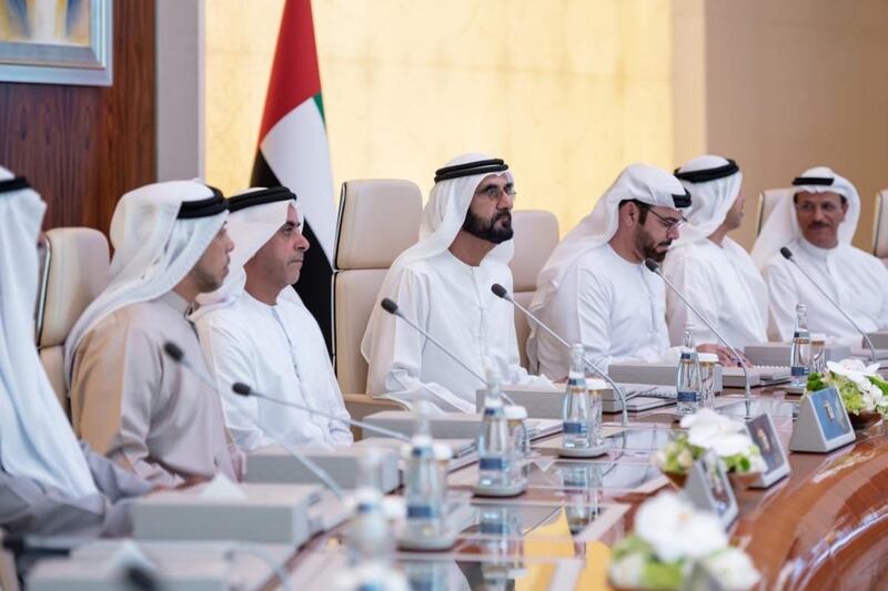 Sheikh Mohammed bin Rashid, Prime Minister and Ruler of Dubai, chairs the a UAE Cabinet meeting in January. Courtesy Sheikh Mohammed bin Rashid Twitter