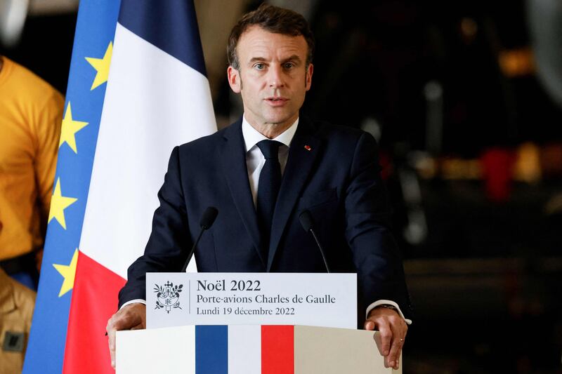 French President Emmanuel Macron on the French aircraft carrier Charles de Gaulle, sailing between the Suez canal and the Red Sea on Tuesday. AFP