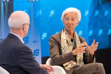 International Monetary Fund Managing Director Christine Lagarde speaks at the American Enterprise Institute in Washington, DC, USA on 05 June 2019. Ms Lagarde discussed the state of the global economy ahead of the upcoming G20 summit in Osaka, Japan. EPA/ERIK S. LESSER