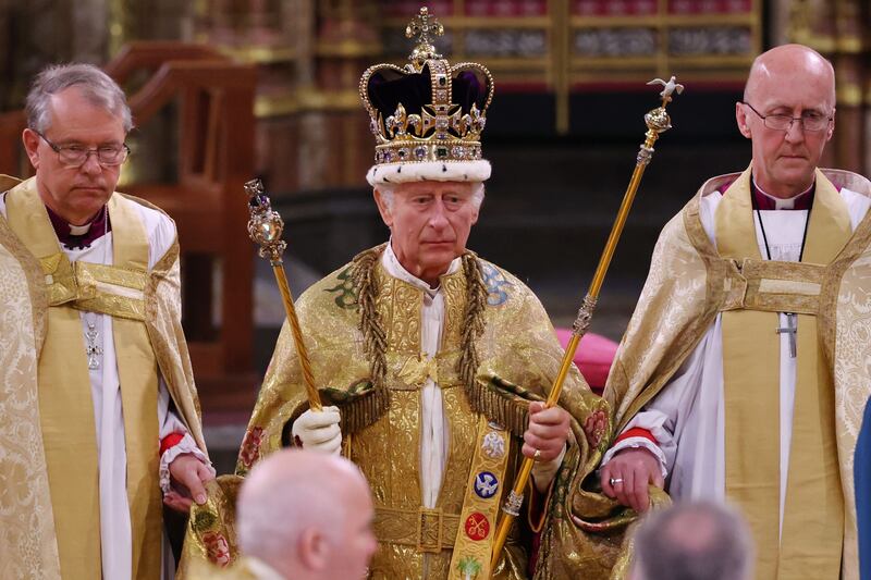 King Charles III stands after being crowned during his coronation at Westminster Abbey last year. Getty
