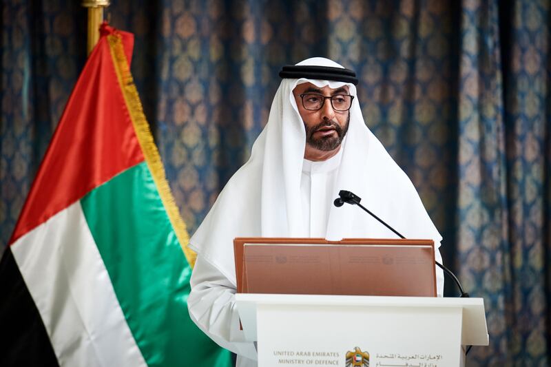 Mohammed Al Bawardi, Minister of State for Defence Affairs, announces the launch of the new military university at the press conference.