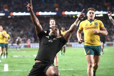 Sevu Reece of the All Blacks celebrates his try during the Bledisloe Cup match against the Wallabies at Eden Park on Saturday. Phil Walter / Getty Images