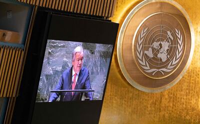 UN Secretary General Antonio Guterres speaks at the General Assembly in New York last week. Guterres has called for tighter laws governing weapons. AFP
