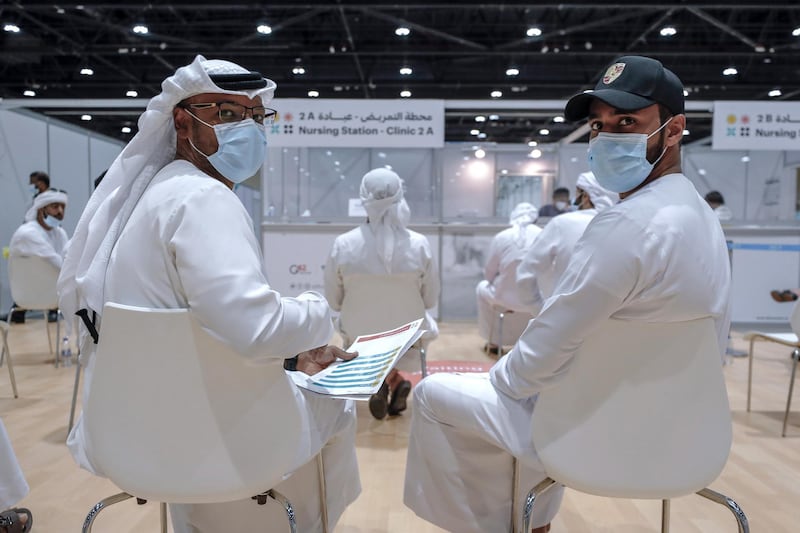 Abu Dhabi, United Arab Emirates, August 6, 2020. 
 Vaccine volunteers wait to get their tests at the ADNEC volunteer facility. 
Victor Besa /The National
Section: NA
Reporter:  Shireena Al Nowais