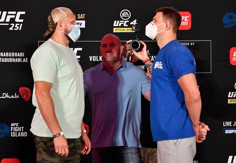 ABU DHABI, UNITED ARAB EMIRATES - JULY 10: (L-R) Opponents Marcin Tybura of Poland and Maxim Grishin of Russia face off during the UFC 251 official weigh-in inside Flash Forum at UFC Fight Island on July 10, 2020 on Yas Island Abu Dhabi, United Arab Emirates. (Photo by Jeff Bottari/Zuffa LLC)