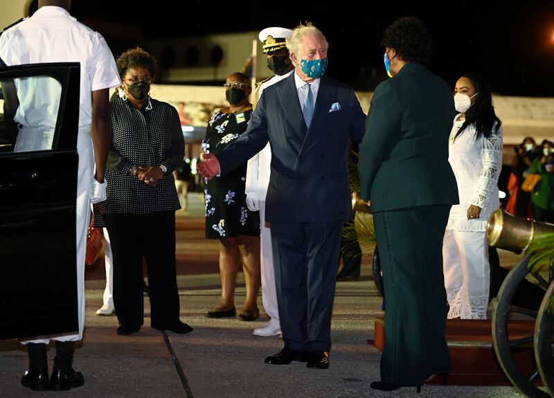 Charles speaks to Dame Sandra Mason and Mia Mottley, Prime Minister of Barbados. Reuters