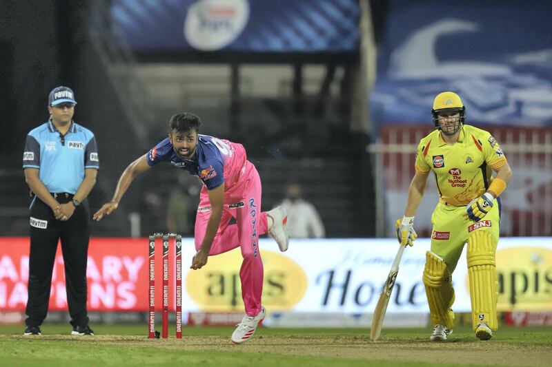 Jaydev Unadkat of Rajasthan Royals bowls during match 4 of season 13 of the Dream 11 Indian Premier League (IPL) between Rajasthan Royals and Chennai Super Kings held at the Sharjah Cricket Stadium, Sharjah in the United Arab Emirates on the 22nd September 2020.
Photo by: Deepak Malik  / Sportzpics for BCCI