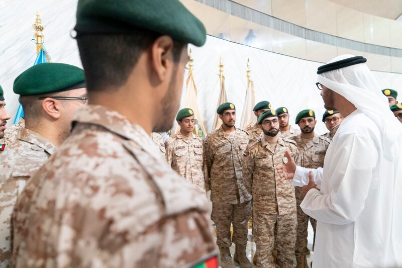 ABU DHABI, UNITED ARAB EMIRATES - April 28, 2019: HH Sheikh Mohamed bin Zayed Al Nahyan, Crown Prince of Abu Dhabi and Deputy Supreme Commander of the UAE Armed Forces (R), speaks with national service recruits during the e-skills exhibition for national service recruits, at Armed Forces Officers Club.
( Rashed Al Mansoori / Ministry of Presidential Affairs )
---