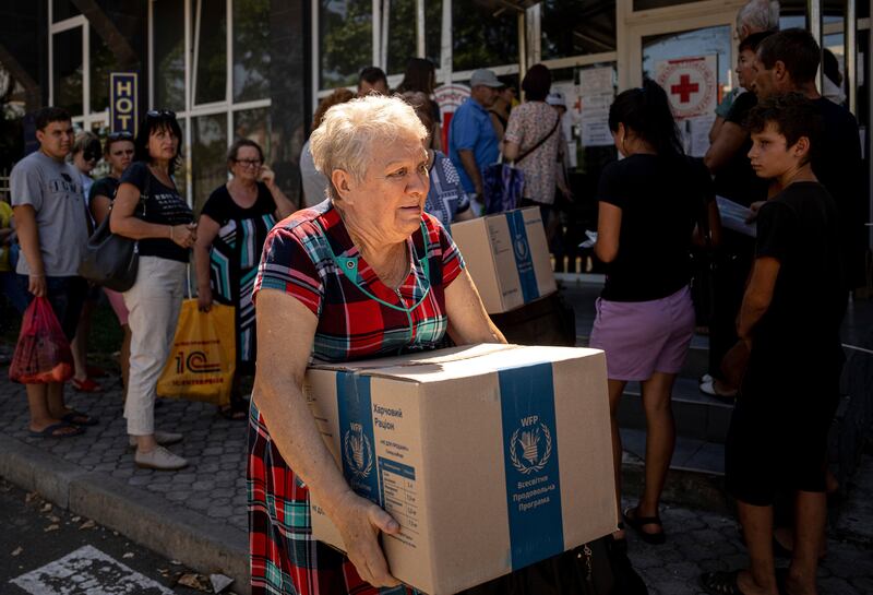 Humanitarian aid is provided for the needy at a distribution centre in Mykolaiv, Ukraine. AP