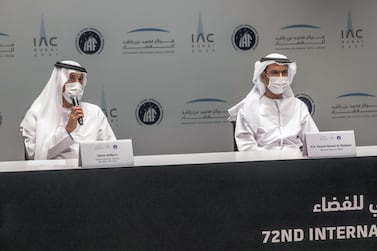 Yousuf Al Shaibani, right, director general of Mohammed bin Rashid Space Centre, and Salem Al Marri, its deputy director general, at the launch of IAC Dubai. Antonie Robertson / The National  