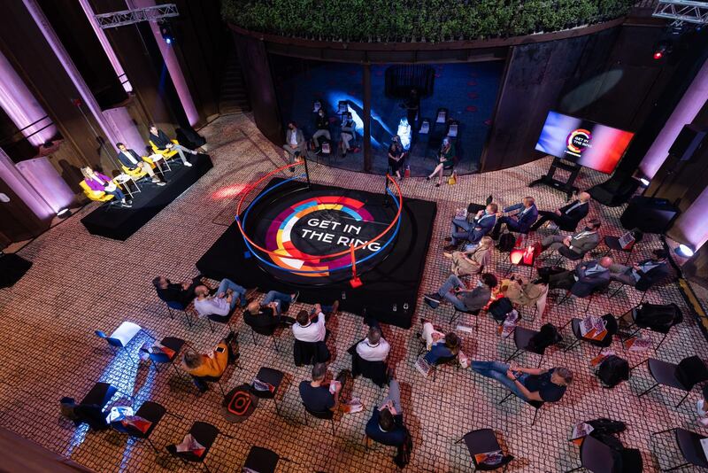 A  boxing ring was set up inside the Netherlands pavilion, from where competitors pitched their ideas.