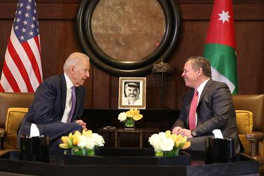 Joe Biden and Jordan's King Abdullah II meet in Amman on March 10, 2016. The US president was serving as vice president under Barack Obama at the time. AFP