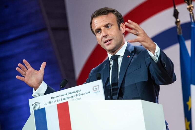French President Emmanuel Macron delivers a speech at the UNESCO'S headquarter during the Education and development G7 ministers Summit, in Paris, France July 5, 2019. Christophe Petit Tesson/Pool via REUTERS