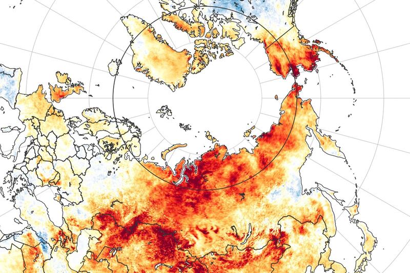 epa08505439 A handout picture made available by the National Aeronautics and Space Administration (NASA) of a map showing land surface temperature anomalies from 19 March to 20 June 2020 (issued 24 June 2020). Red colors depict areas that were hotter than average for the same period from 2003-2018; blues were colder than average. The map is based on data from the Moderate Resolution Imaging Spectroradiometer (MODIS) on NASA's Aqua satellite. Eastern Siberia is famous for some of the coldest wintertime temperatures in the Northern Hemisphere. But in 2020, it has been the region's wildly high temperatures and wildfires that have wowed meteorologists. After several months of warm weather, the Russian town of Verkhoyansk reported a daytime temperature of 38 degrees Celsius on 20 June.  EPA/NASA HANDOUT  HANDOUT EDITORIAL USE ONLY/NO SALES