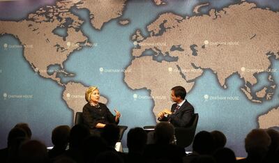 Former US Secretary of State Hillary Clinton answers questions from Robin Niblett at Chatham House in 2013. Getty 
