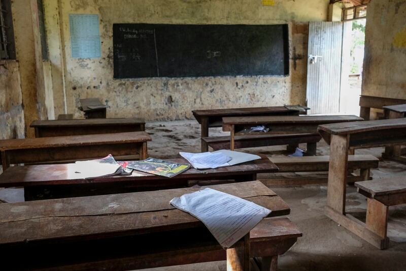 Books abandoned in a classroom at Madudu Catholic Church school. AP