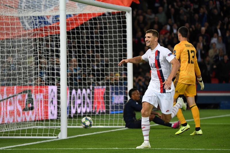 Paris Saint-Germain's Belgian defender Thomas Meunier celebrates after scoring the third goal in injury time. AFP