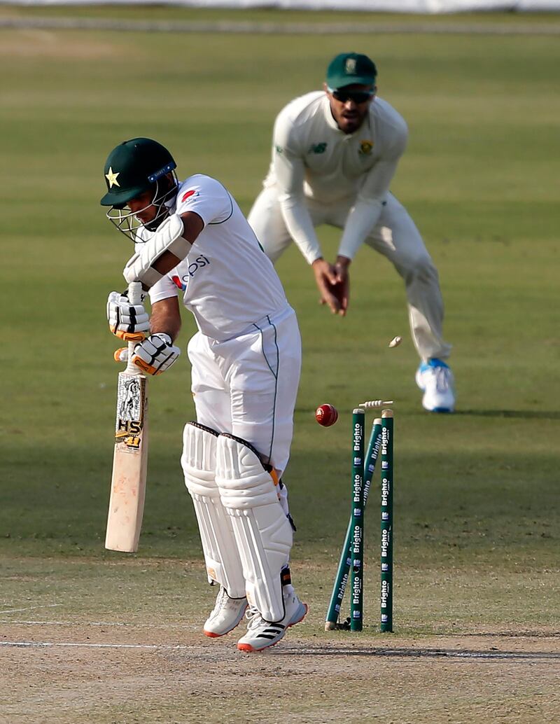 Pakistan batsman Abid Ali is clean bowled by South Africa's pacer Kagiso Rabada after making just four. AP
