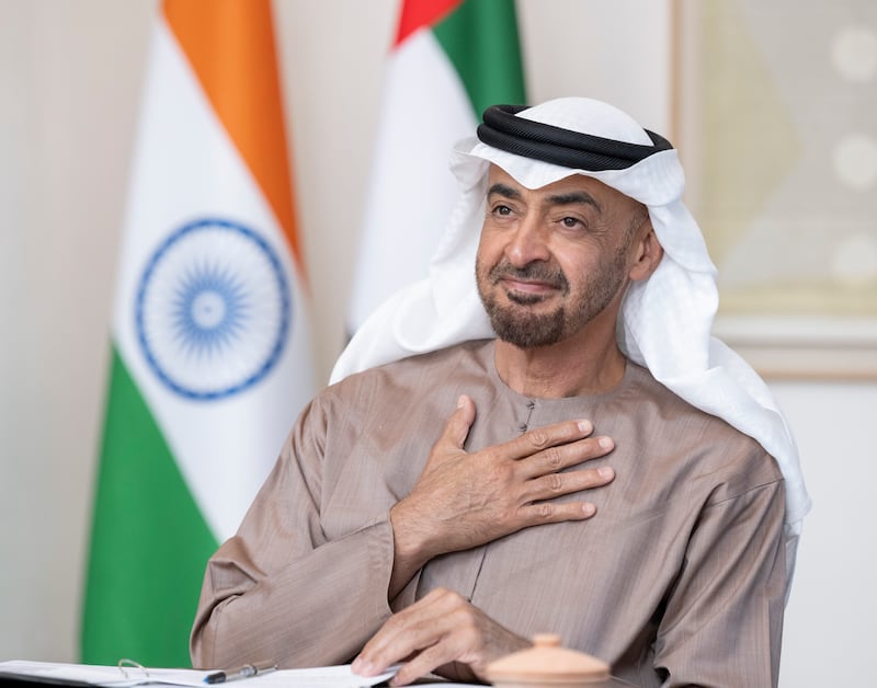 Sheikh Mohamed bin Zayed, Crown Prince of Abu Dhabi and Deputy Supreme Commander of the Armed Forces, at the summit in which the UAE and India signed a Comprehensive Economic Partnership Agreement. Photo: Hamad Al Kaabi / Ministry of Presidential Affairs