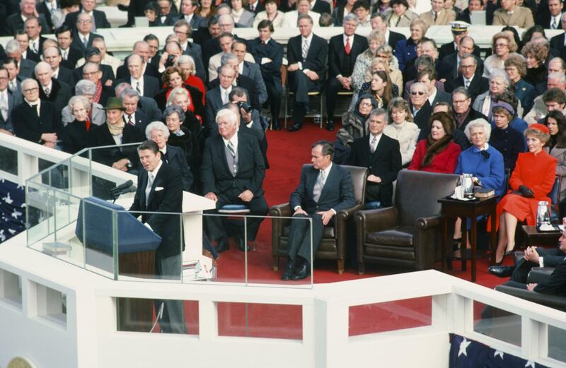 NBC NEWS -- "Ronald Reagan First Presidential Inauguration" -- Pictured: (l-r) President-elect Ronald Reagan, Mildred O'Neill, House Speaker Tip O'Neill, Vice President-elect George Bush, Senator Mark Hatfield, unknown, Second Lady Barbara Bush, First Lady Nancy Reagan during the first inauguration of President Ronald Reagan on January 20, 1981 in Washington D.C. -- Photo by: NBC/NBC NewsWire