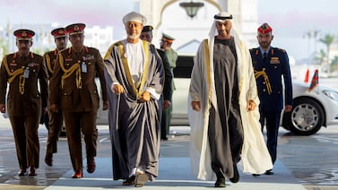 President Sheikh Mohamed and Sultan Haitham of Oman attend a state visit reception at Qasr Al Watan, Abu Dhabi. Ryan Carter / UAE Presidential Court / Reuters