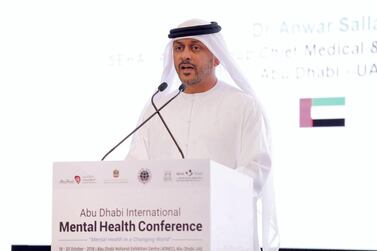 Dr Anwar Sallam, chief medical officer of Seha, speaks at the Abu Dhabi International Mental Health Conference in October 2018. Dr Sallam has called on the public to be more vigilant with safety measures but not panic over the recent surge in Covid-19 cases. Pawan Singh / The National 