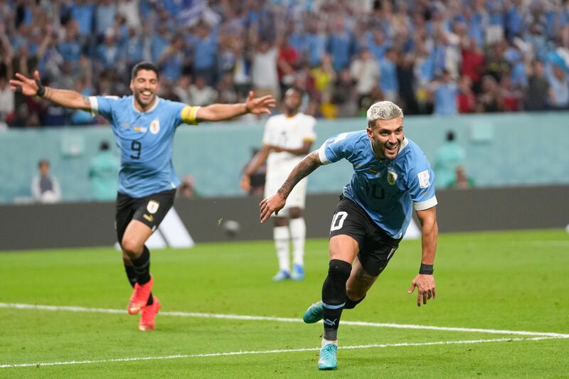 Giorgian de Arrascaeta celebrates scoring his, and Uruguay's, second goal. AP