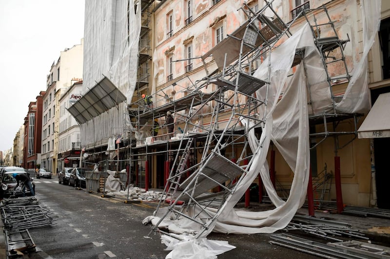 Scaffoldings collapsed due to strong winds in Paris' 17th district. Stephane de Sakutin / AFP Photo