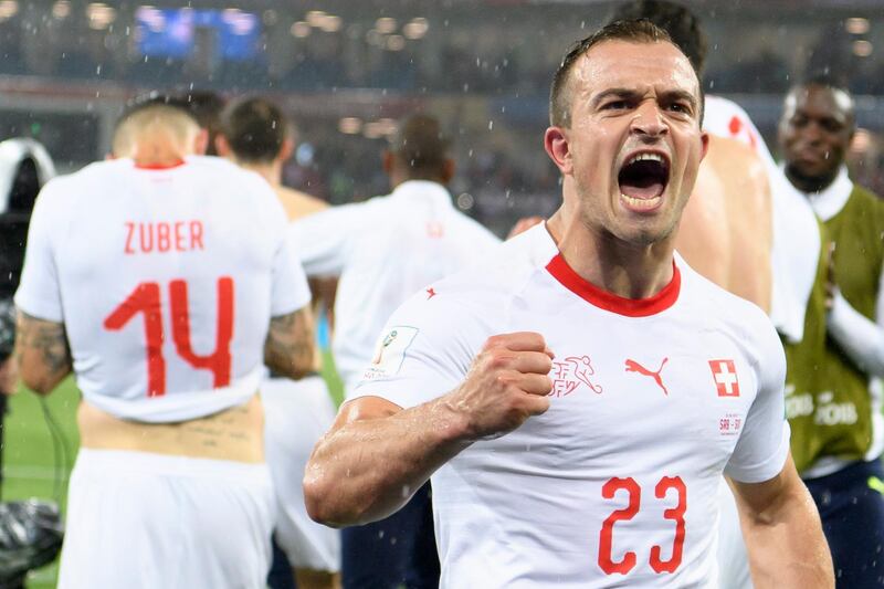 epa06832259 Switzerland's midfielder Xherdan Shaqiri celebrates the victory during the FIFA World Cup 2018 group E preliminary round soccer match between Switzerland and Serbia at the Arena Baltika Stadium in Kaliningrad, Russia, 22 June 2018.  EPA/LAURENT GILLIERON