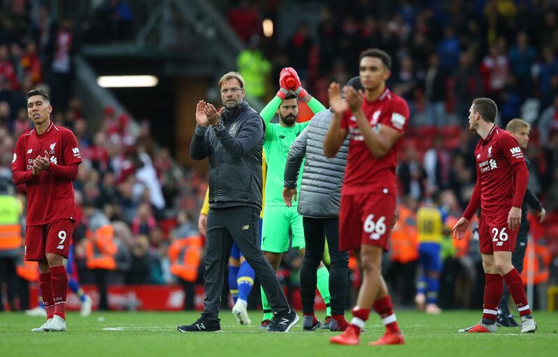 LIVERPOOL, ENGLAND - SEPTEMBER 22:  Jurgen Klopp, Manager of Liverpool applauds fans after the Premier League match between Liverpool FC and Southampton FC at Anfield on September 22, 2018 in Liverpool, United Kingdom.  (Photo by Alex Livesey/Getty Images)