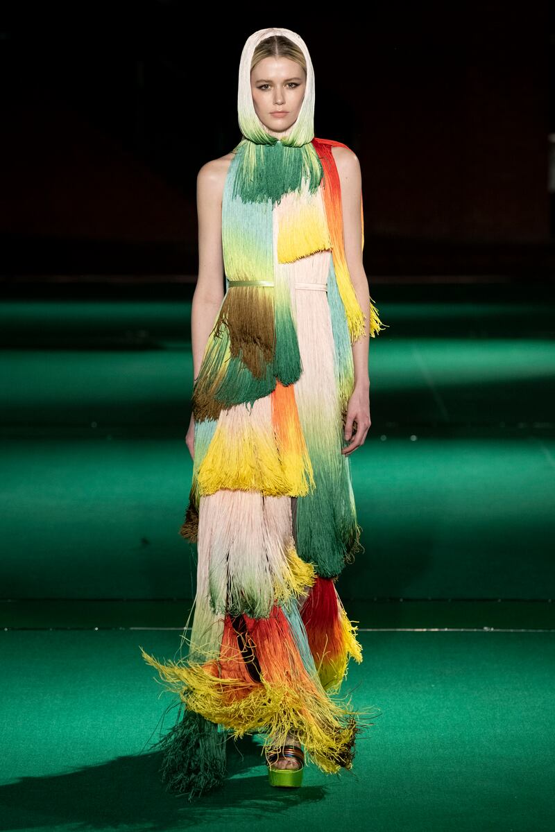 Halpern dazzles with a hooded fringe dress during London Fashion Week. Photo: Halpern / Ik Aldama