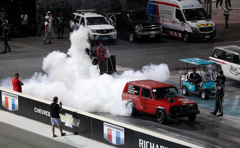 ABU DHABI , UNITED ARAB EMIRATES , APRIL 19 - 2018 :- One of the participant taking part in the drag racing at the Yas Super Street Challenge event held at Yas Marina Circuit in Abu Dhabi. ( Pawan Singh / The National ) For Weekend. Story by Adam Workman