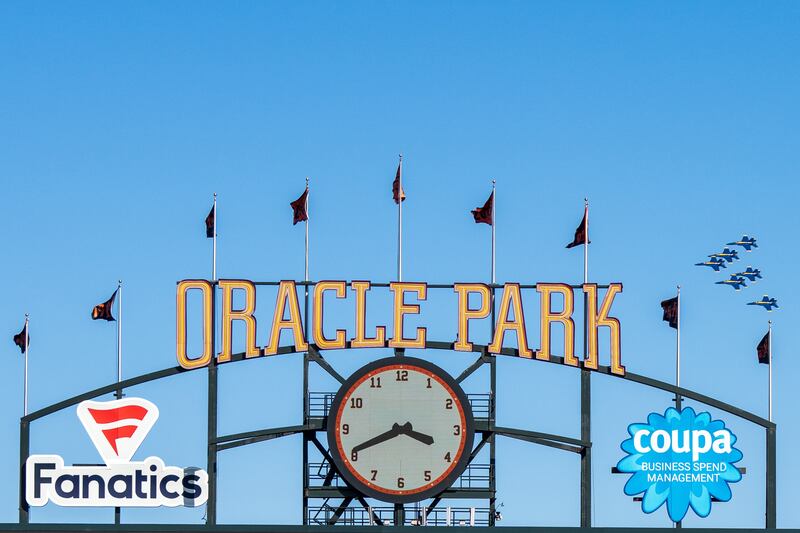 The Blue Angels fly during fleet week around the ballpark at Oracle Park in San Francisco. Photo: USA Today Sports