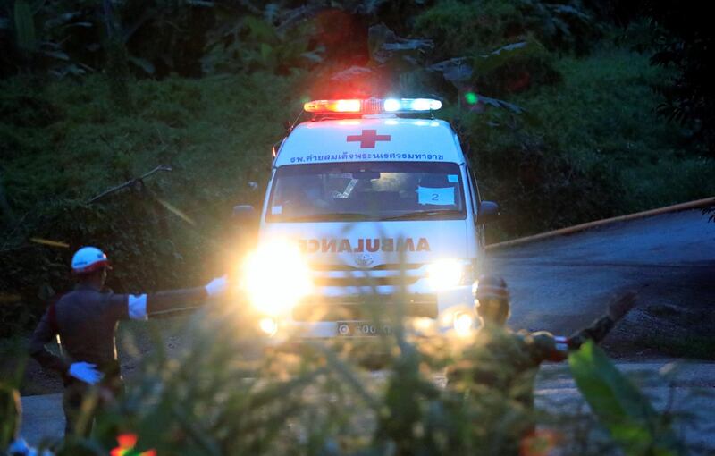 An ambulance leaves from Tham Luang cave complex in the northern province of Chiang Rai, Thailand, July 9, 2018. REUTERS/Soe Zeya Tun