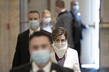 Speaker Nancy Pelosi arrives at the US Capitol in Washington on April 23, 2020 for a vote on a $500 billion coronavirus aid package. Getty Images / AFP